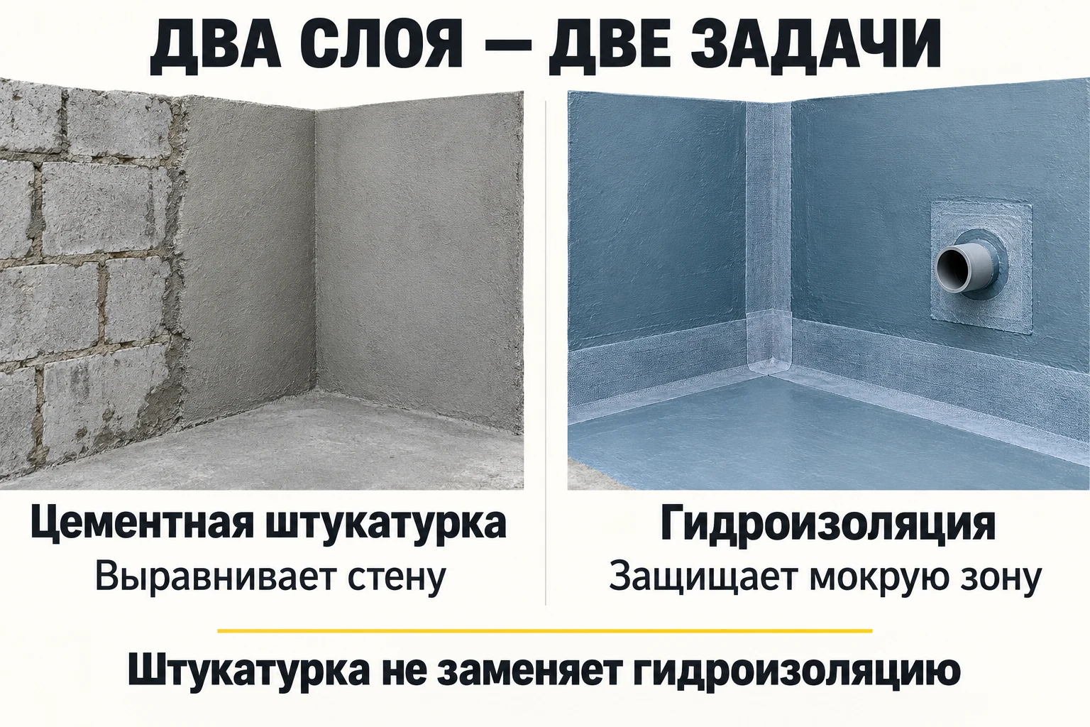 Цементная штукатурка и гидроизоляция: выравнивание стены и защита мокрой зоны.