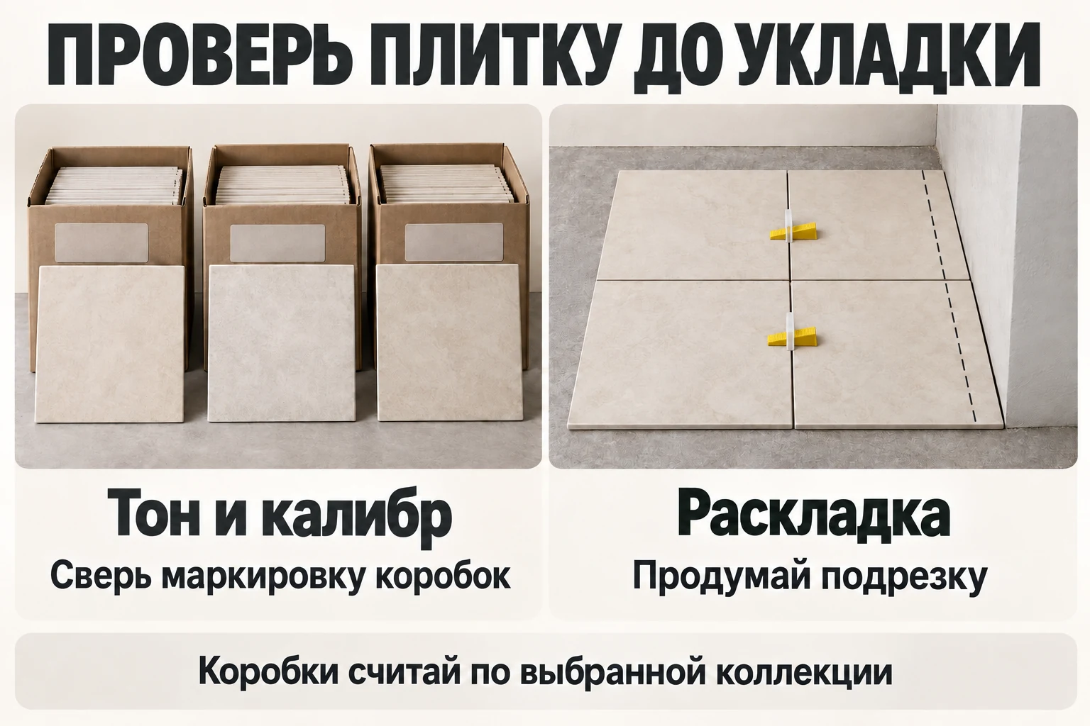 Проверка тона и калибра плитки по коробкам, раскладка с подрезкой и СВП с зажимами и клиньями.