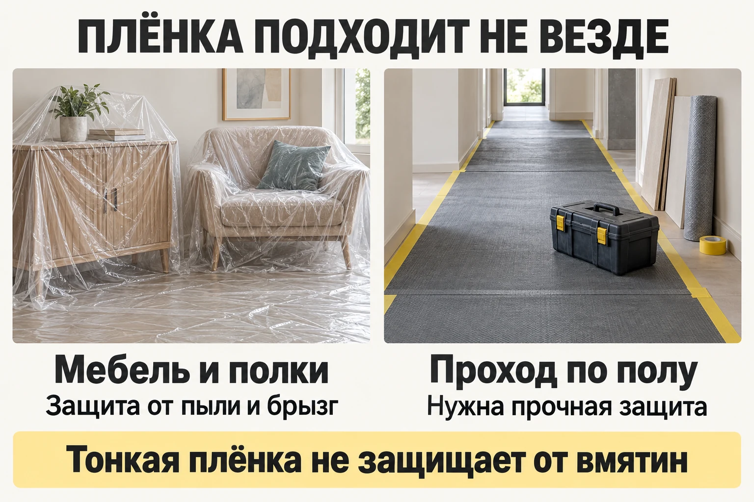 Тонкая плёнка на мебели и прочное покрытие для прохода по полу.