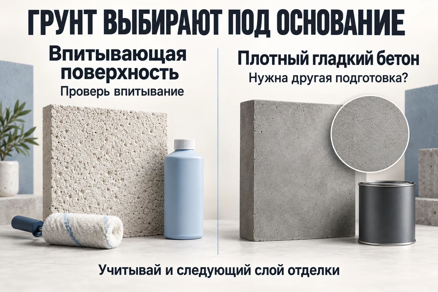 Сравнение впитывающей минеральной поверхности и плотного гладкого бетона перед выбором грунта.