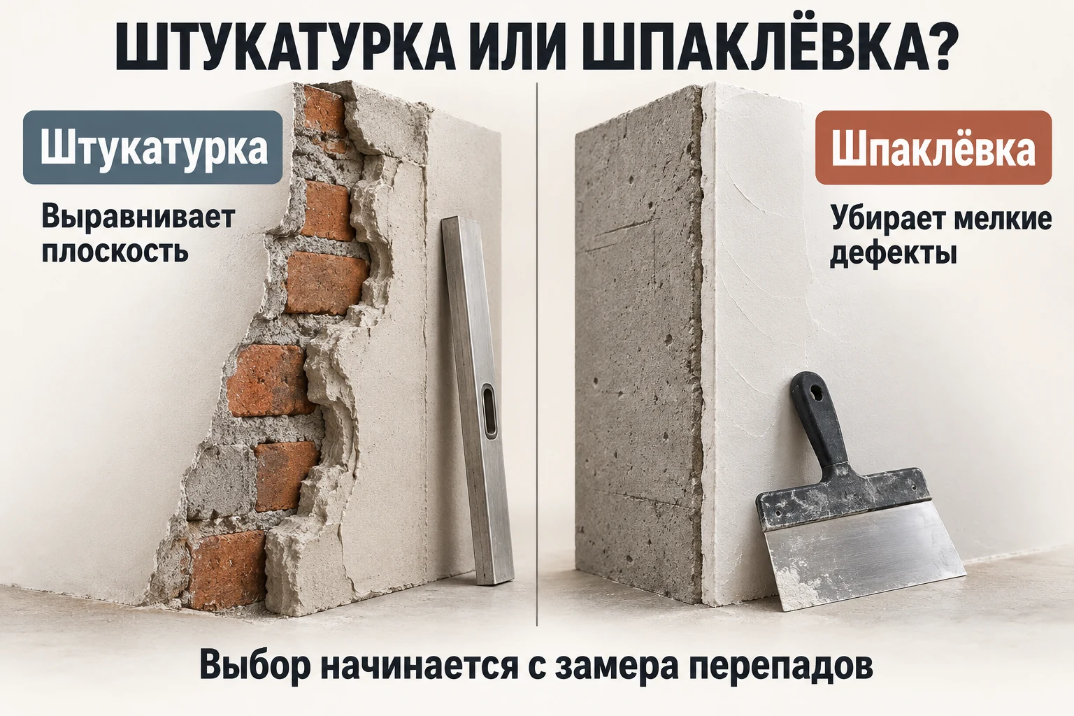 Штукатурка выравнивает плоскость стены, шпаклёвка убирает мелкие дефекты.