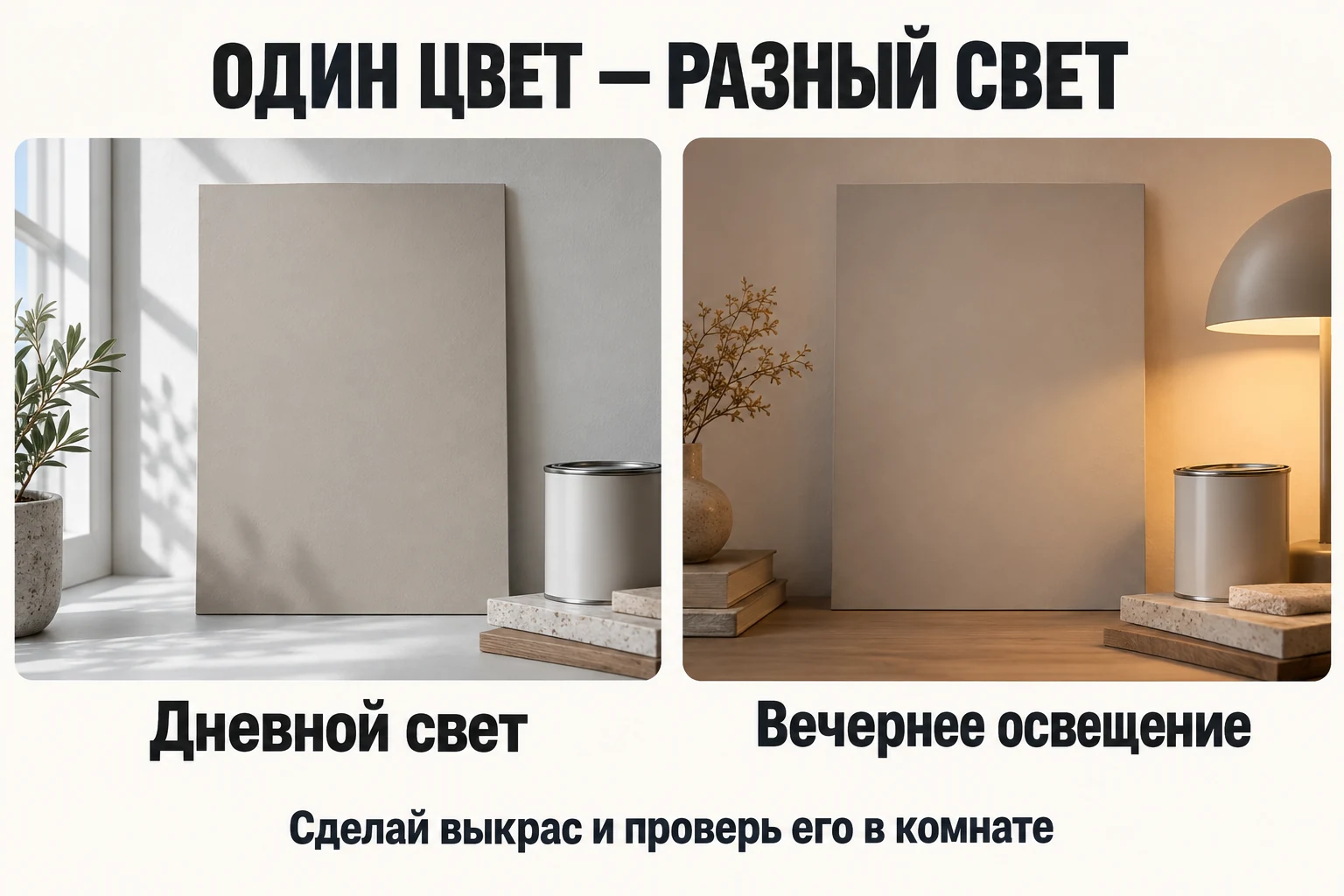 Один образец краски при дневном и тёплом вечернем освещении.
