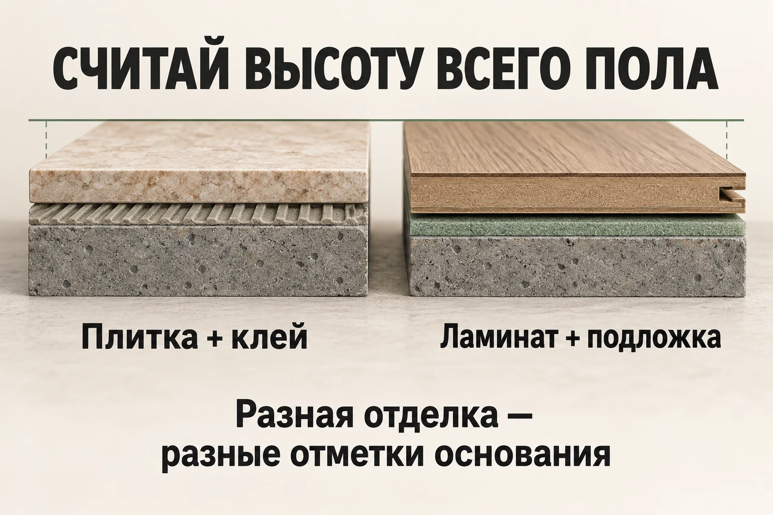 Плитка с клеем и ламинат с подложкой выходят на одну отметку при разной высоте основания.