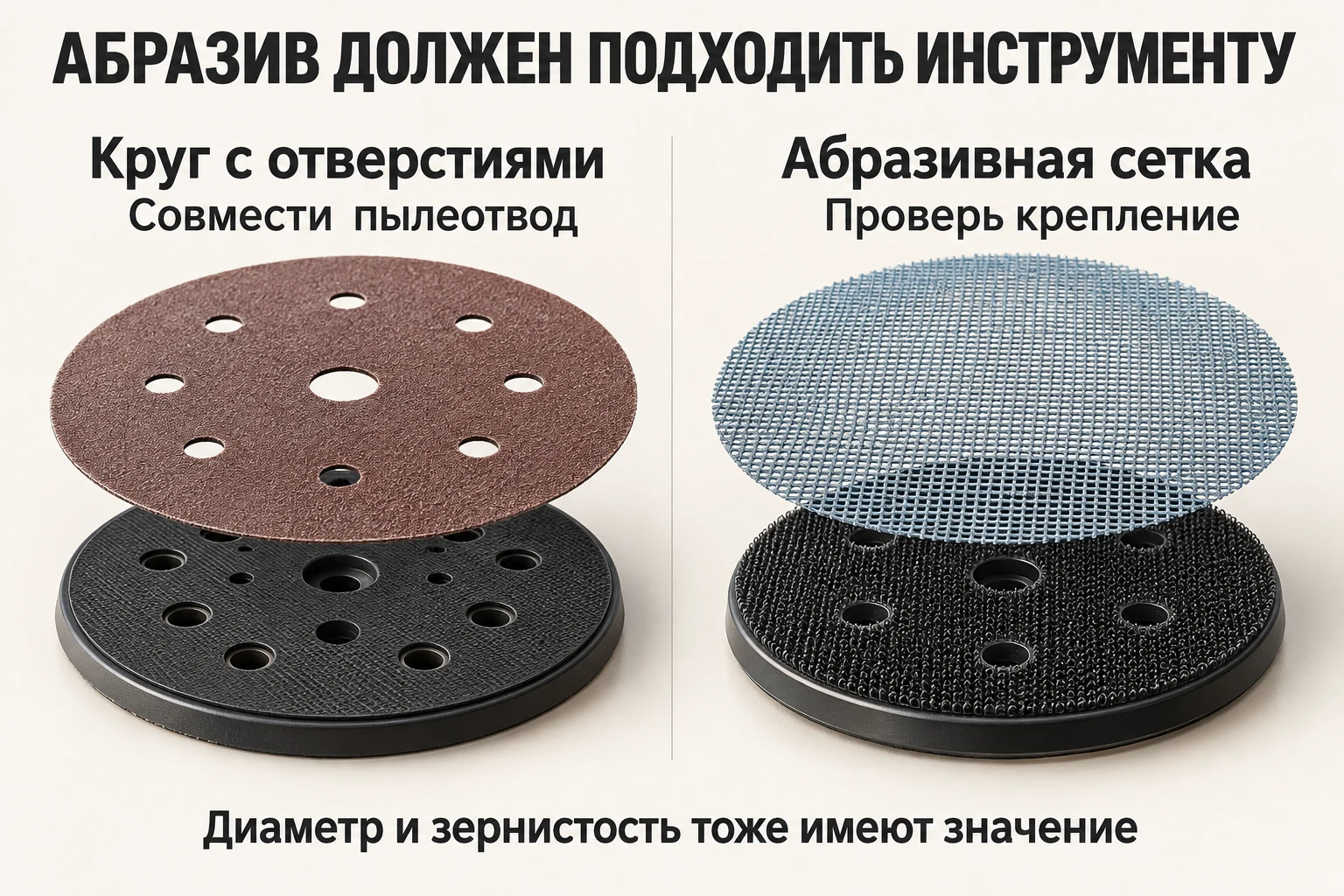 Перфорированный абразивный круг и сетка на опорных тарелках шлифовального инструмента.