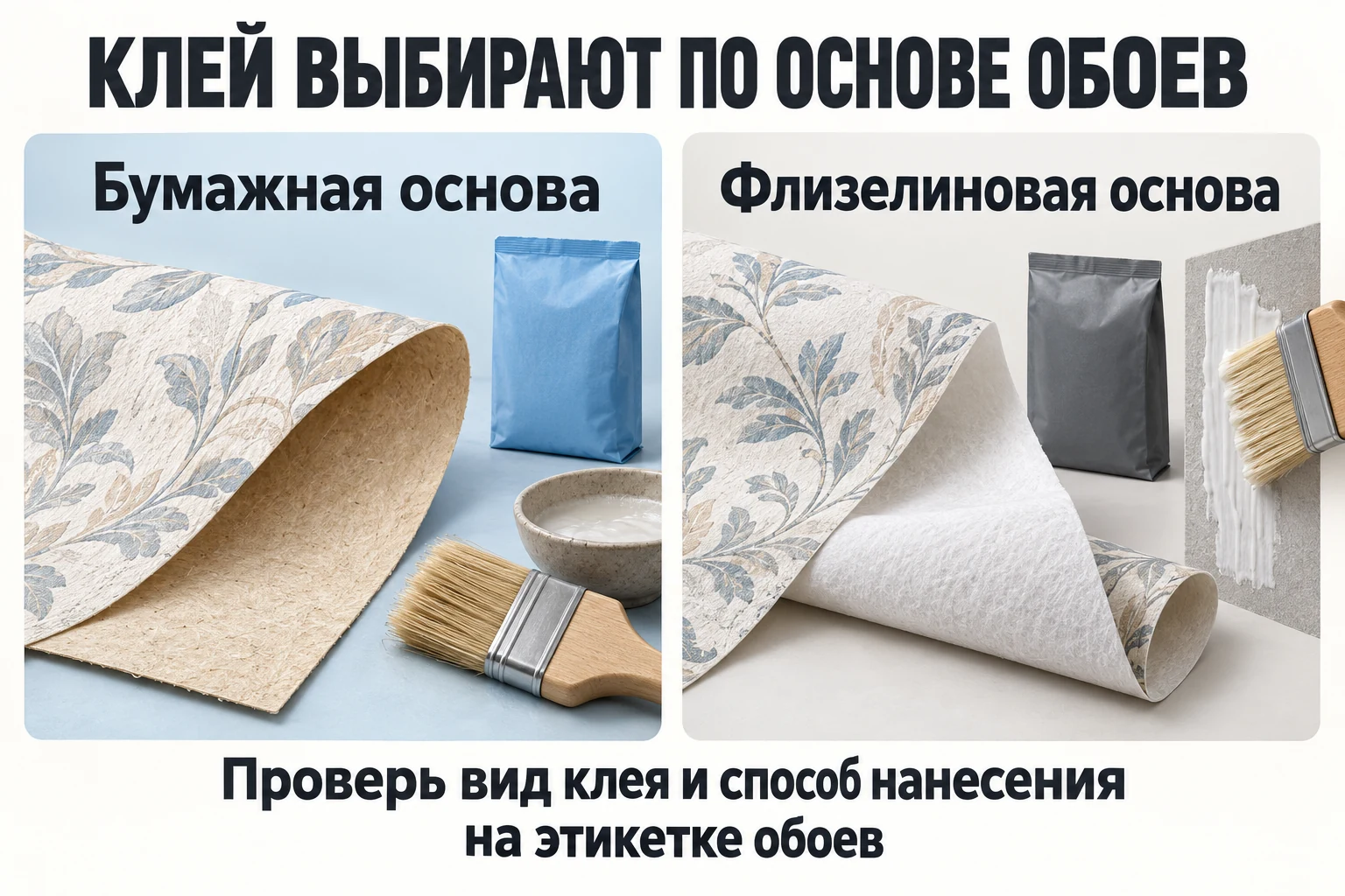Бумажная и флизелиновая основы обоев: вид клея и способ нанесения проверяют по этикетке.