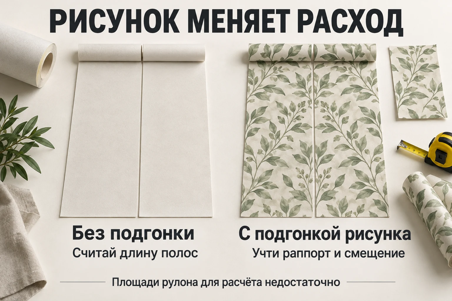 Расчёт обоев без подгонки и с совмещением повторяющегося рисунка.