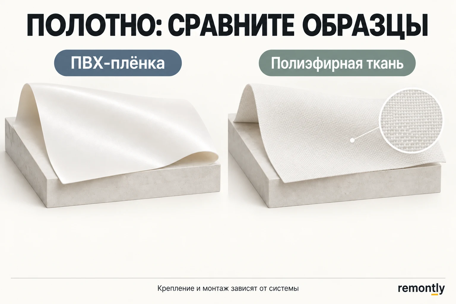 Образцы гладкой ПВХ-плёнки и полиэфирной ткани для натяжного потолка