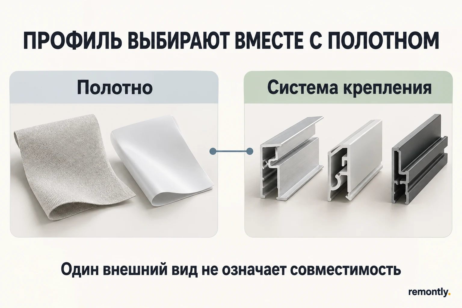 Образцы полотен рядом с несколькими открытыми профилями потолочных систем