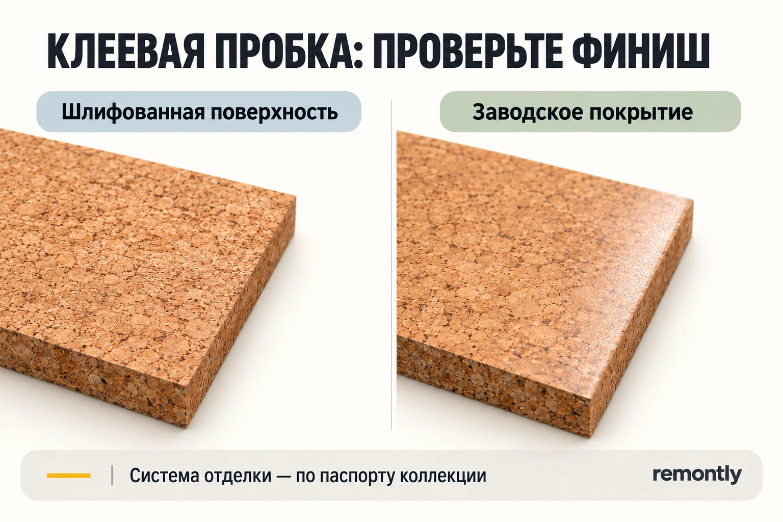Два пробковых образца: шлифованная поверхность и условный заводской защитный слой