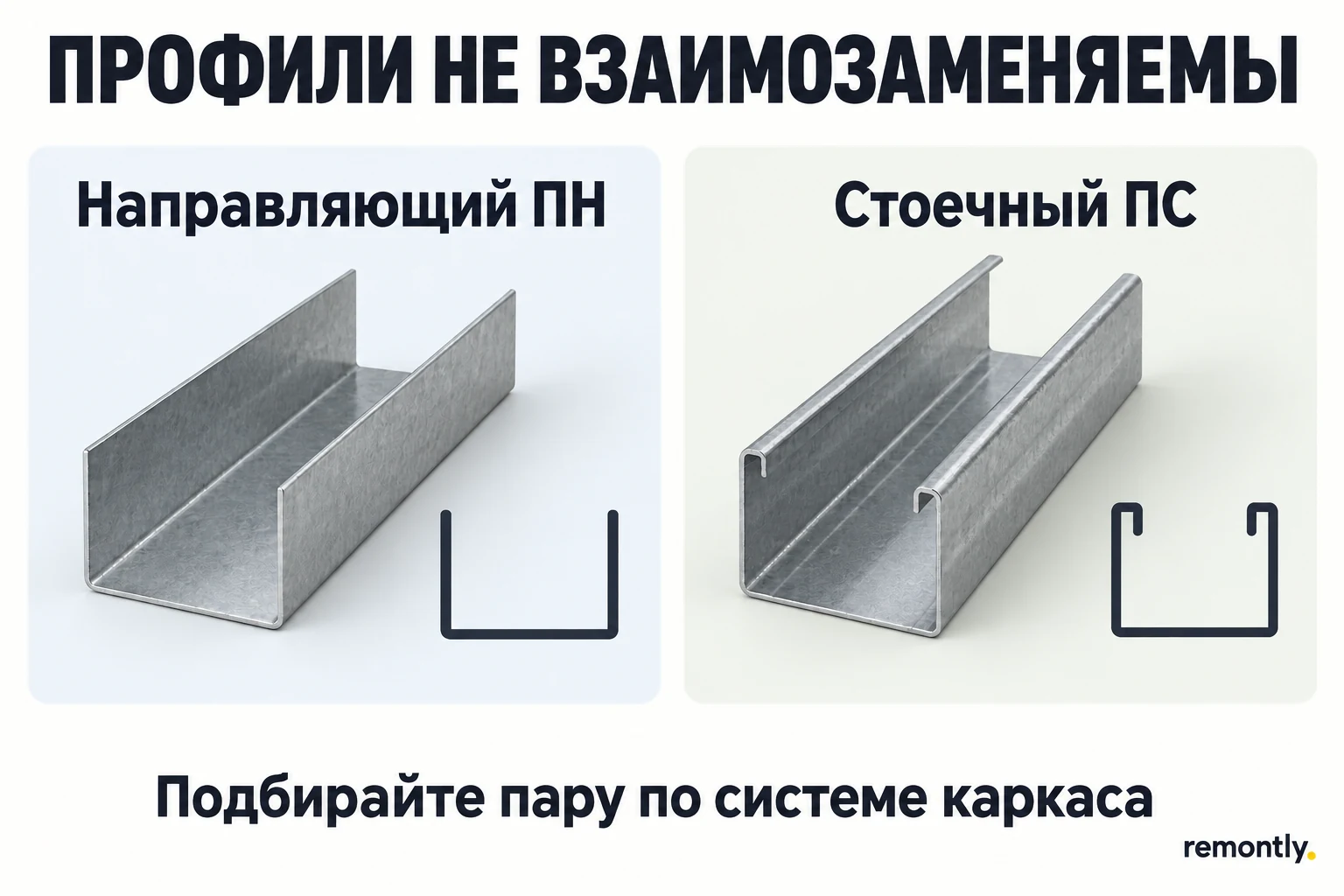Открытые сечения направляющего ПН и стоечного ПС с загнутыми краями полок