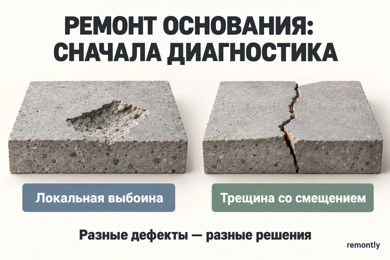 Локальная выбоина в бетоне и отдельный образец с трещиной и смещением поверхностей