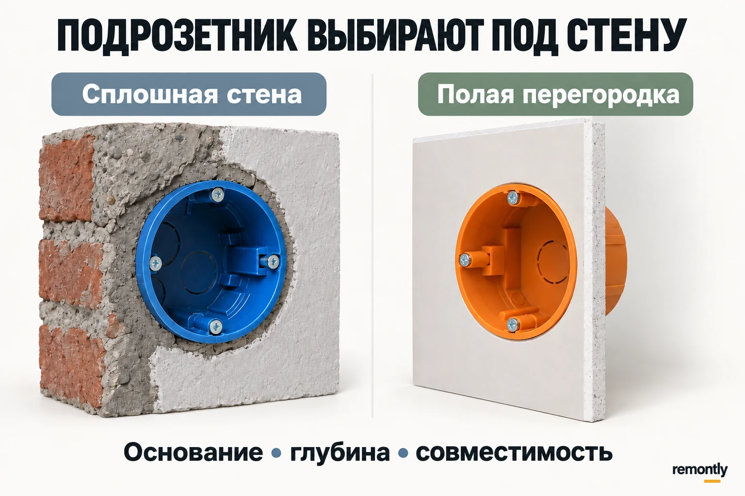 Пустые монтажные коробки в сплошном основании и листовой перегородке