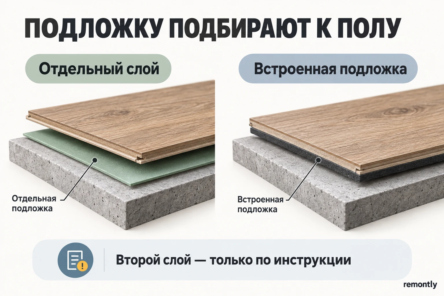 Отдельная подложка под планкой и слой, уже прикреплённый к напольному покрытию