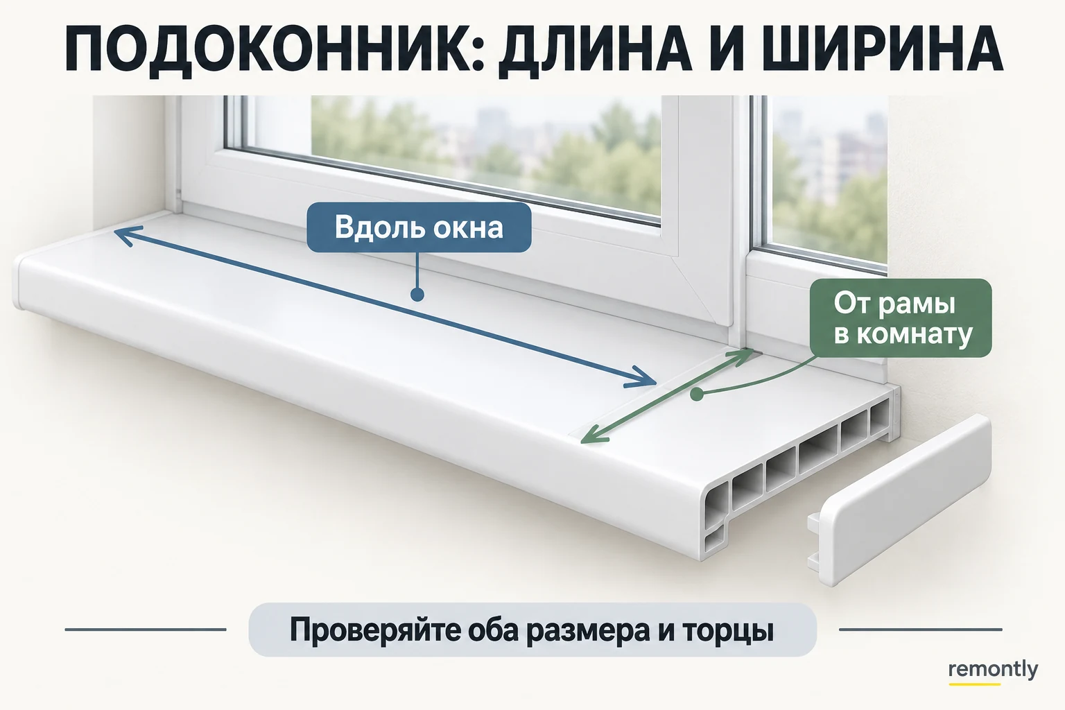 Длина подоконника вдоль окна, ширина в сторону комнаты и отдельная торцевая заглушка