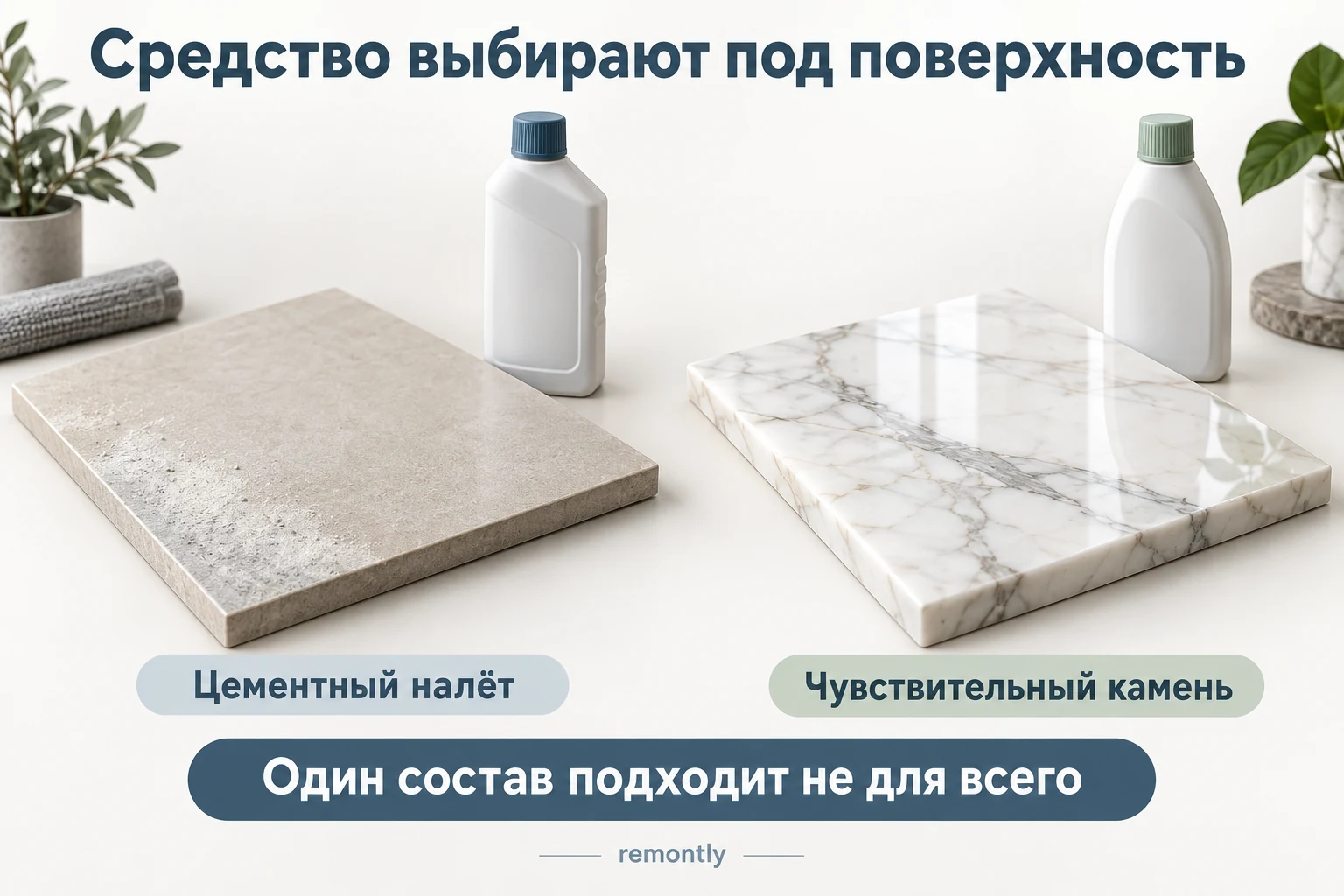 Образец поверхности с цементным налётом и отдельный образец чувствительного полированного камня