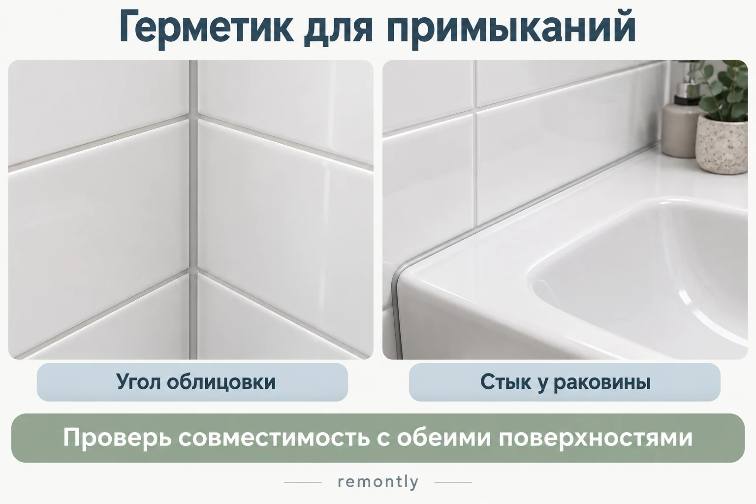 Эластичное примыкание во внутреннем углу облицовки и у борта раковины