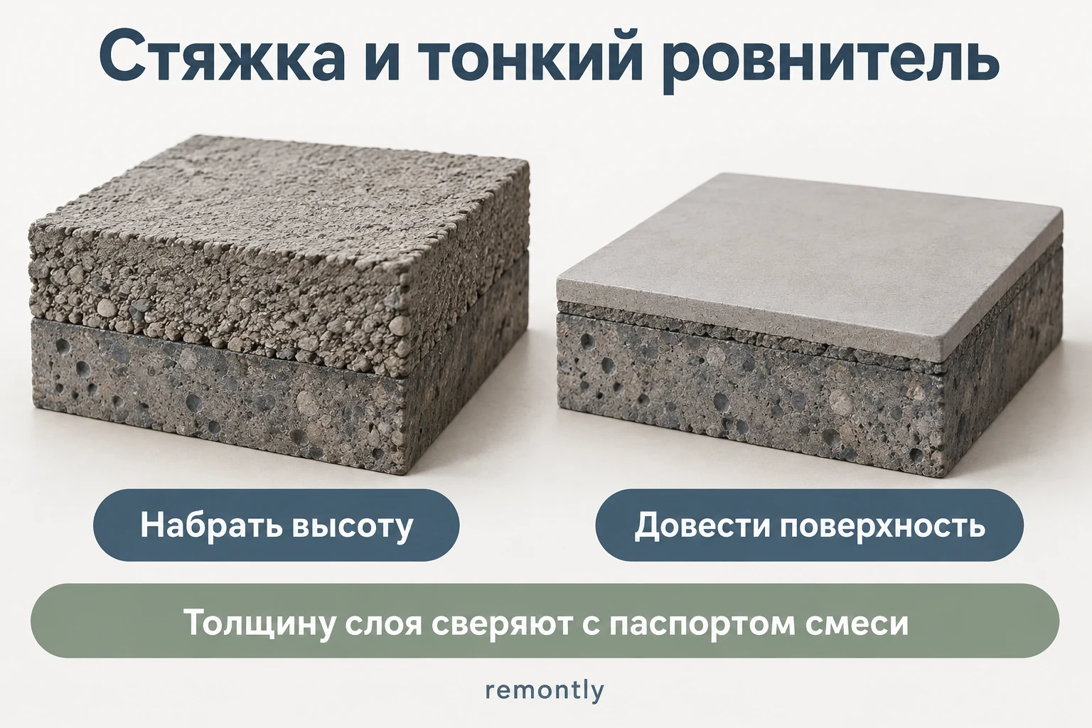 Условные образцы толстого выравнивающего слоя и тонкого финишного ровнителя