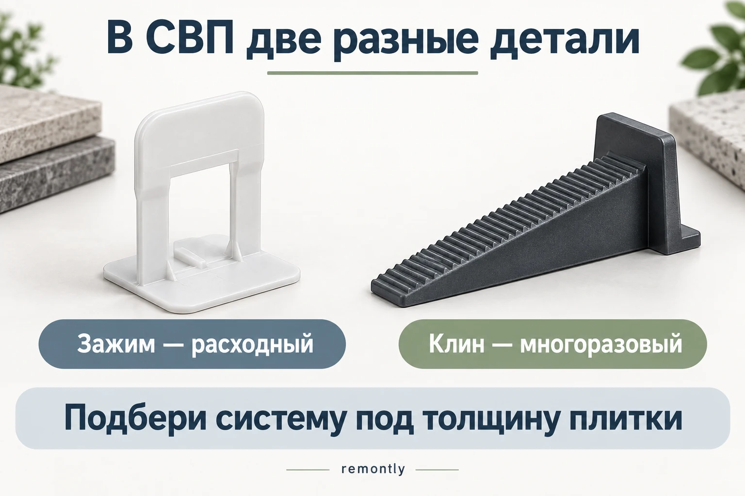 Отдельно показаны расходный зажим СВП с плоским основанием и многоразовый зубчатый клин