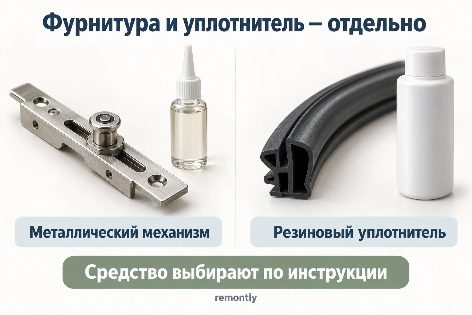 Металлическая оконная фурнитура и резиновый уплотнитель показаны как отдельные задачи ухода