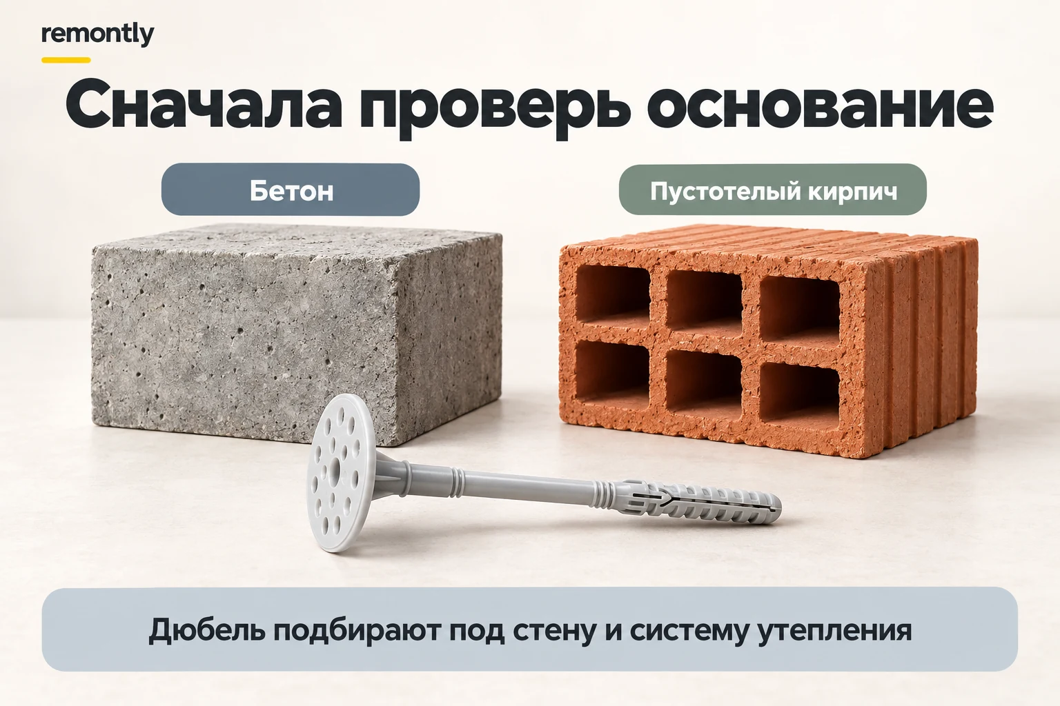 Бетонный блок и пустотелый кирпич рядом с отдельным тарельчатым дюбелем