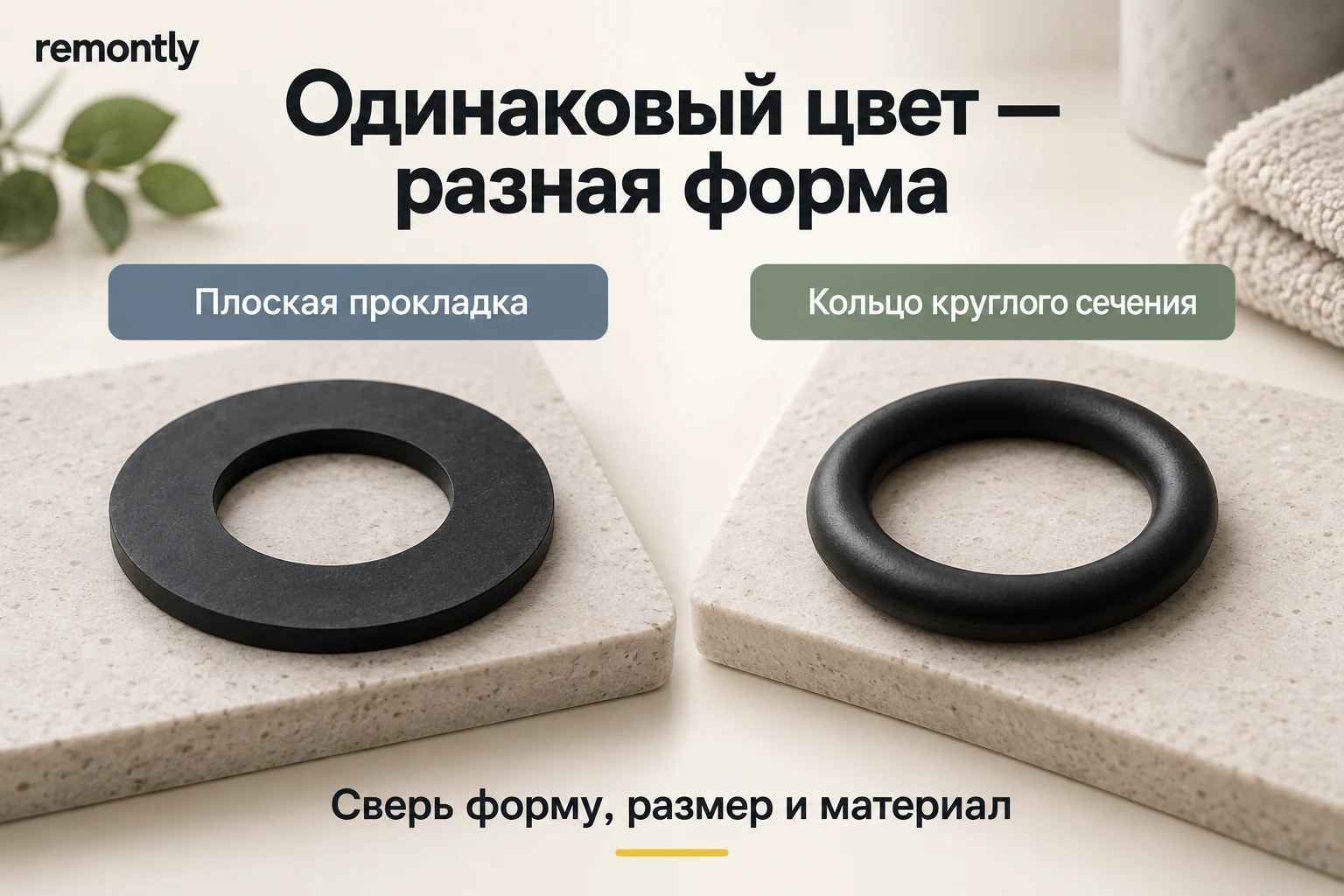 Плоская чёрная прокладка и чёрное кольцо круглого сечения рядом