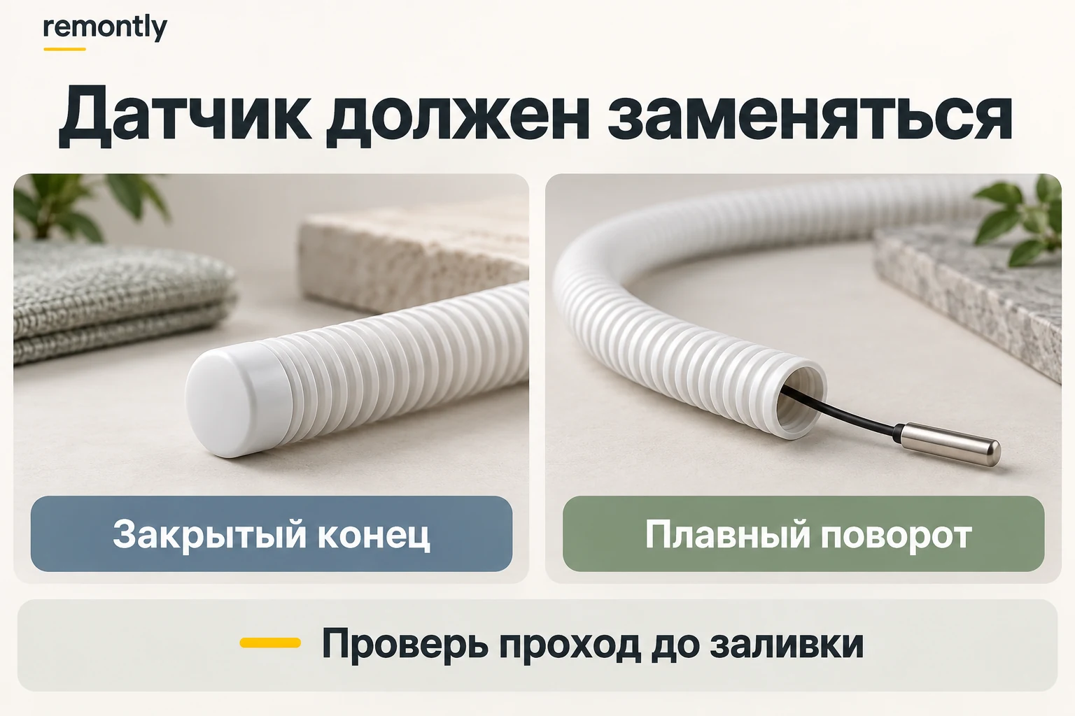 Закрытый конец трубки и плавный поворот с отдельным датчиком температуры пола