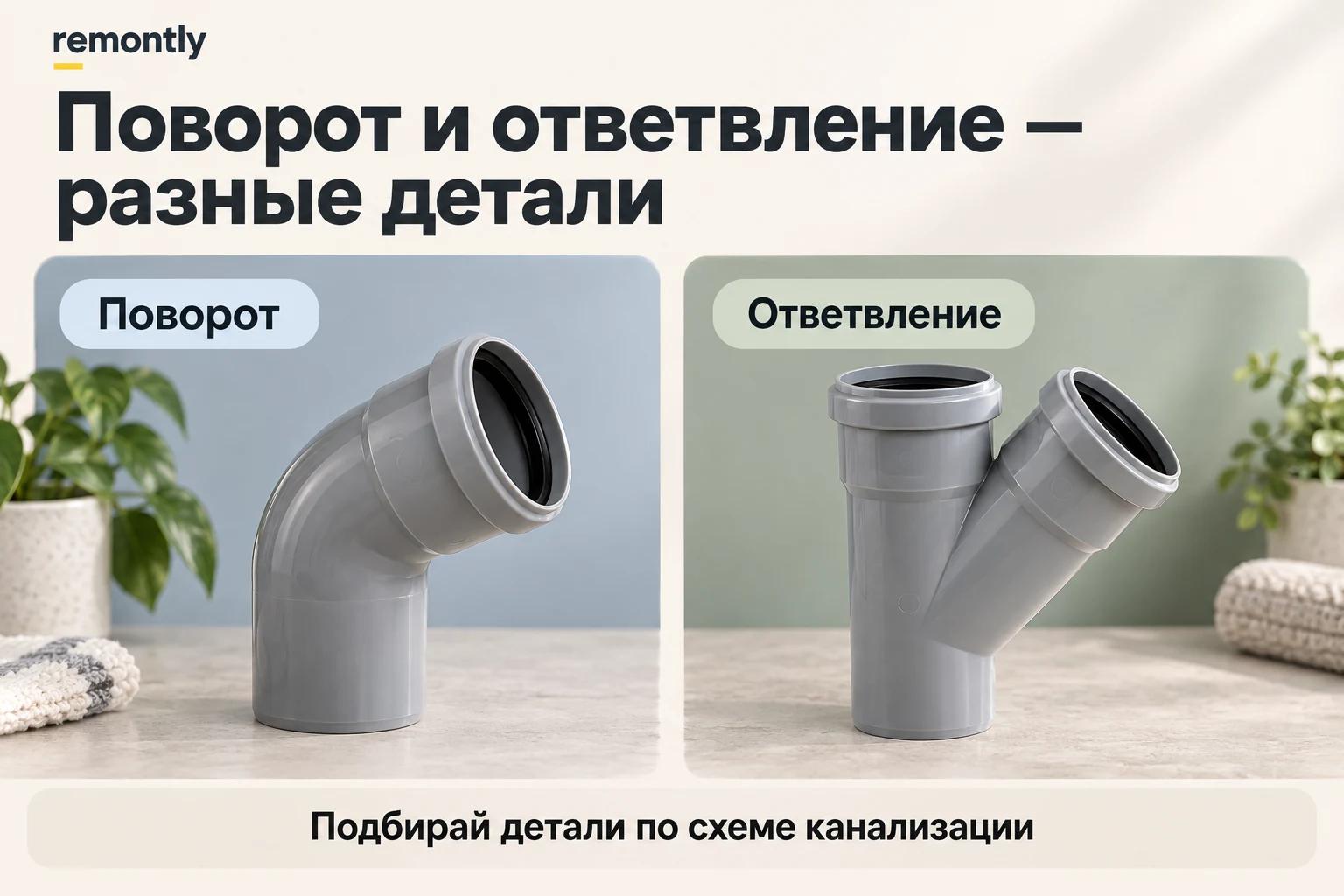 Серый канализационный отвод и отдельное ответвление с раструбами и уплотнительными кольцами