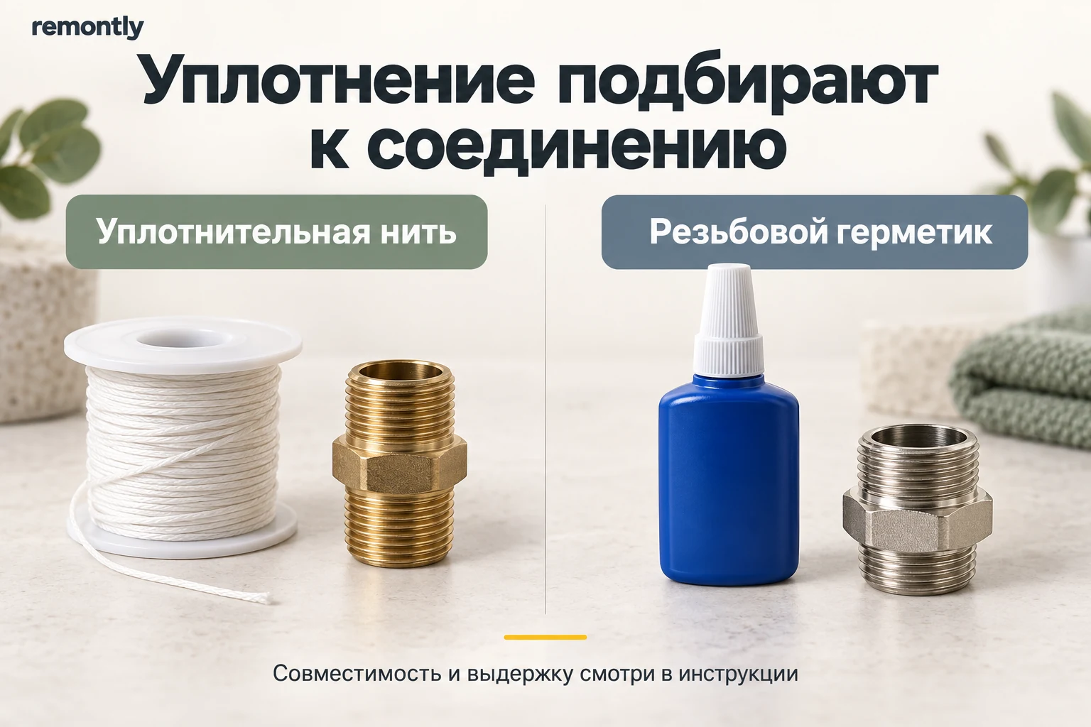 Уплотнительная нить и флакон резьбового герметика рядом с отдельными металлическими фитингами