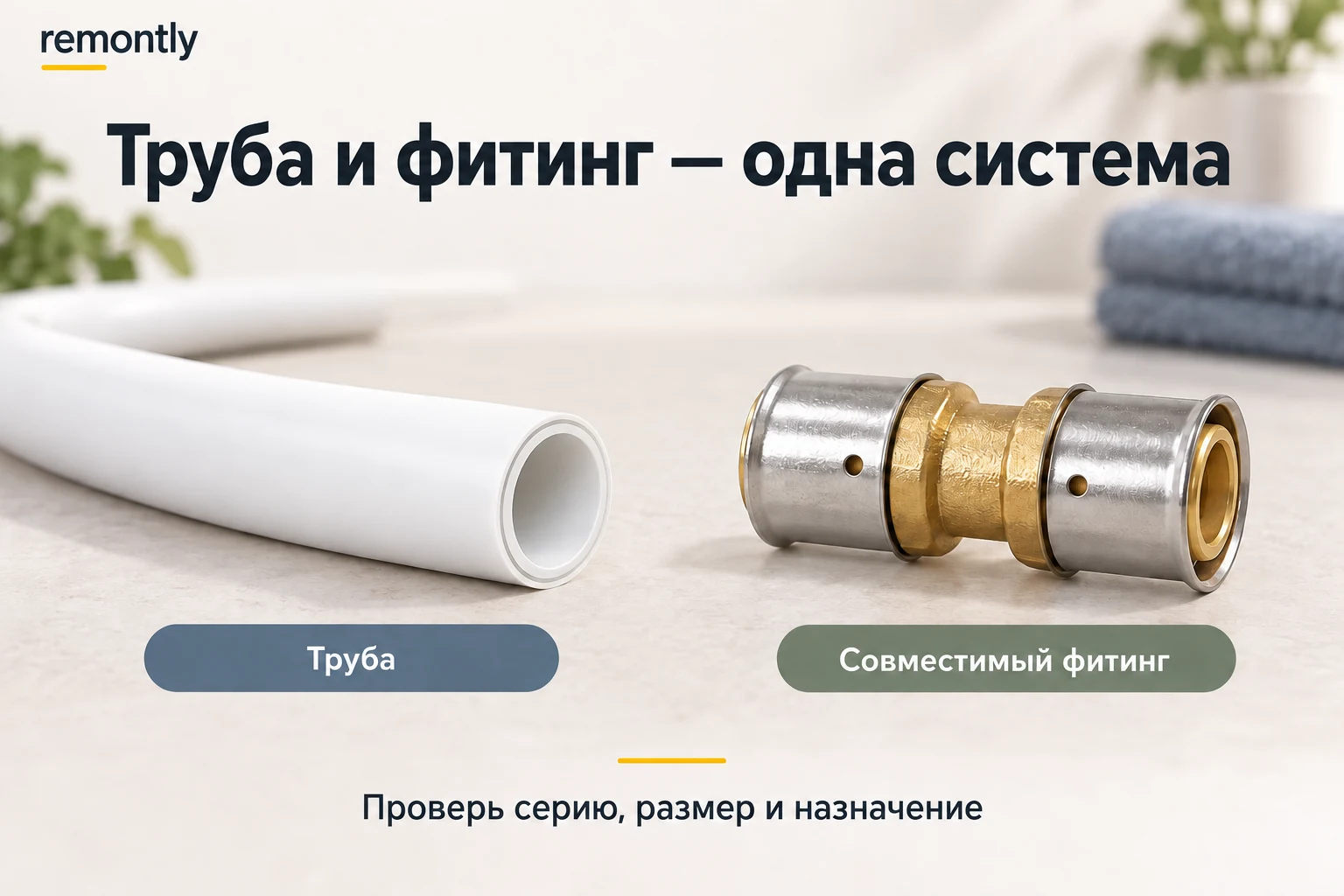 Многослойная водопроводная труба и отдельный пресс-фитинг как пример совместимой системы