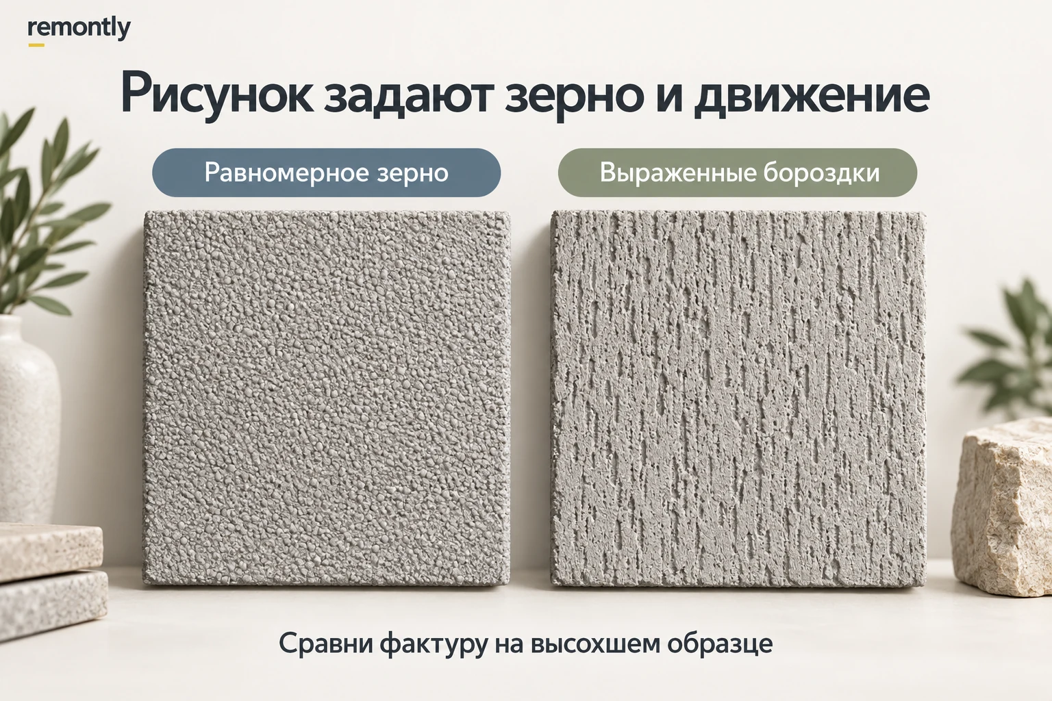 Два образца структурной штукатурки: равномерная зернистость и выраженные бороздки