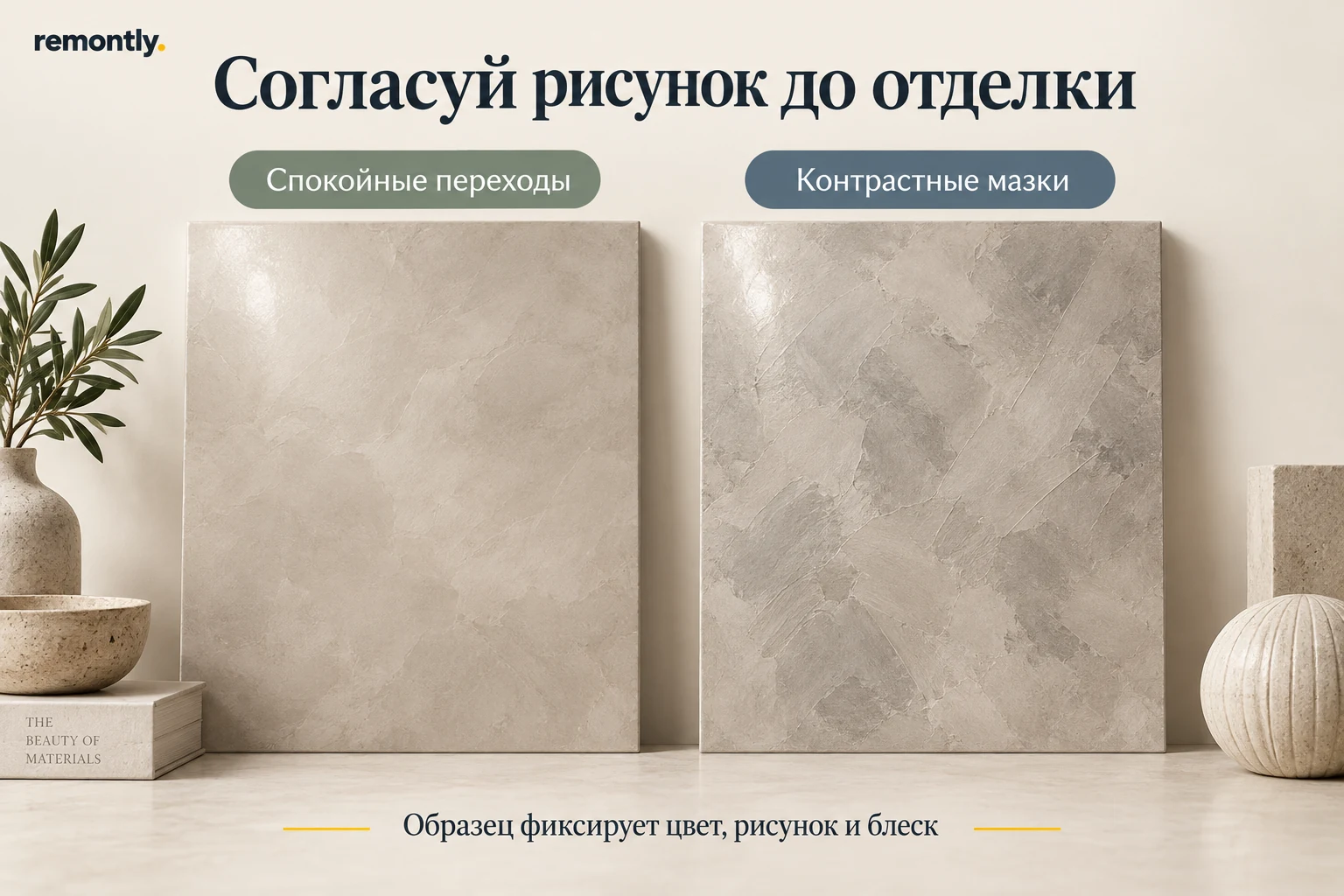 Два образца венецианской штукатурки: спокойные переходы и контрастные мазки.