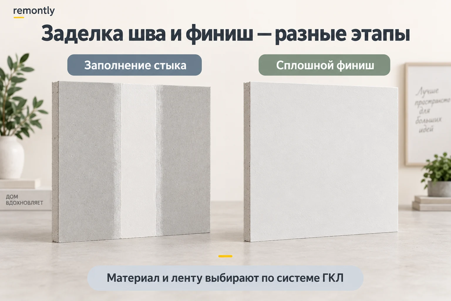 Заделанный стык между листами ГКЛ и поверхность после сплошного финишного шпаклевания.
