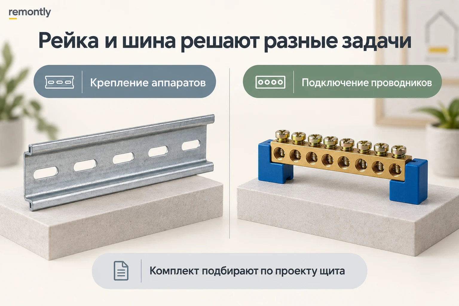 Отдельные DIN-рейка и клеммная шина: крепление аппаратов и подключение проводников.