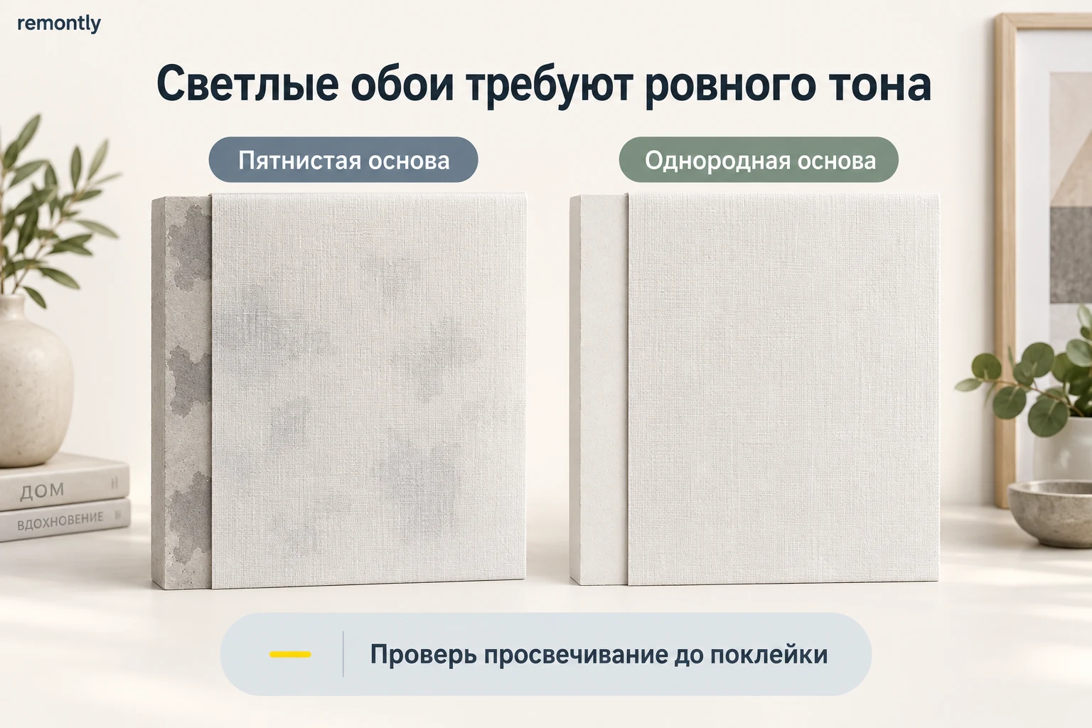 Светлые обои на пятнистом и однородном основании: разница в просвечивании.