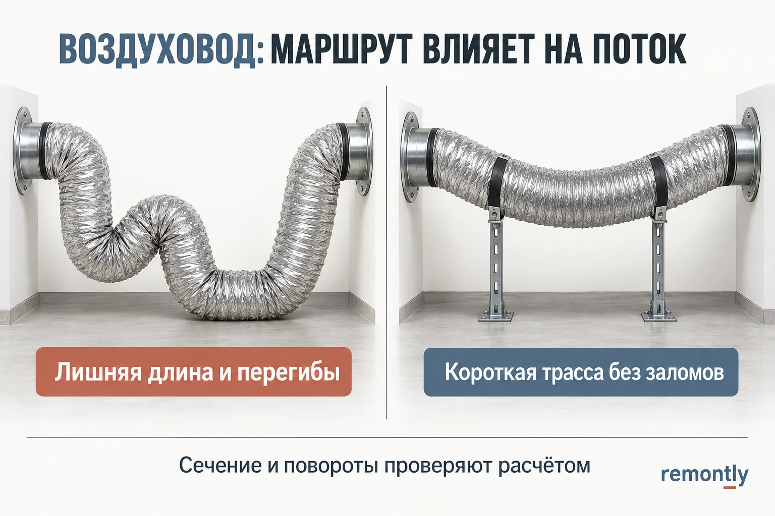 Длинный гибкий воздуховод с перегибами и короткая поддержанная трасса без заломов