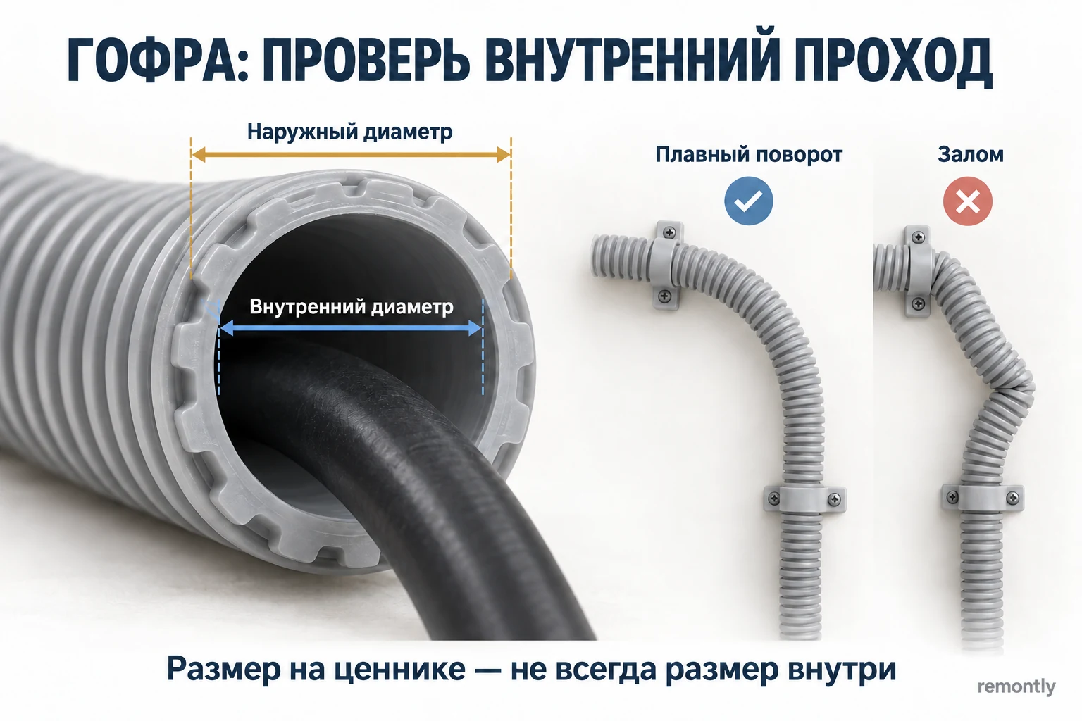 Наружный и внутренний диаметры гофротрубы и пример плавного маршрута