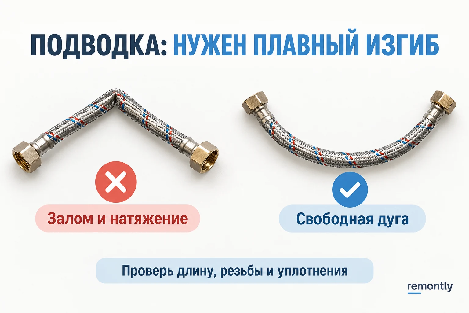 Гибкая подводка с резким заломом и подводка, уложенная плавной дугой