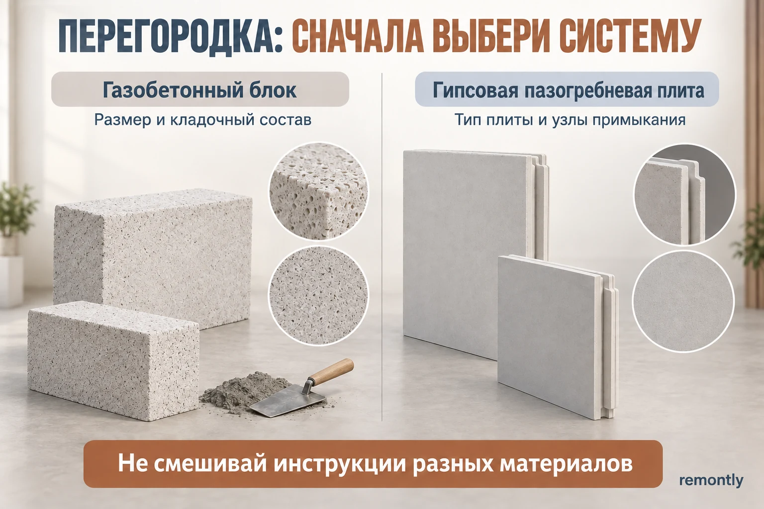 Газобетонный блок и гипсовая пазогребневая плита как разные системы перегородки
