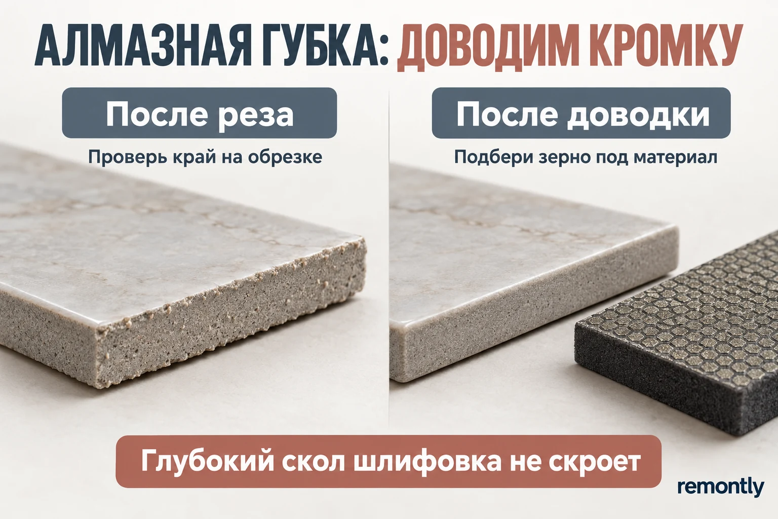 Кромка плитки после реза и после ручной доводки алмазной губкой