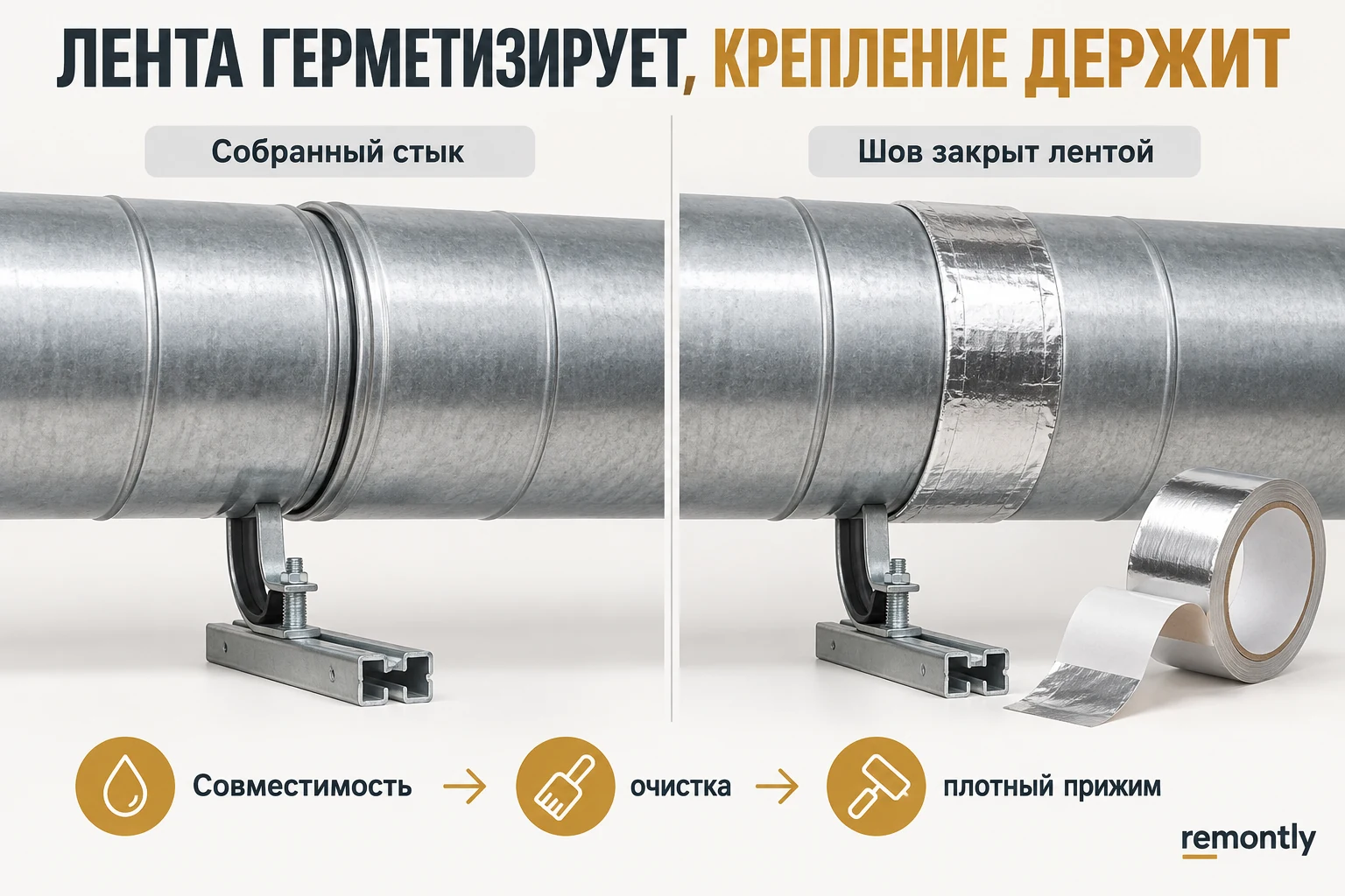 Собранный металлический стык воздуховода и тот же шов с алюминиевой лентой