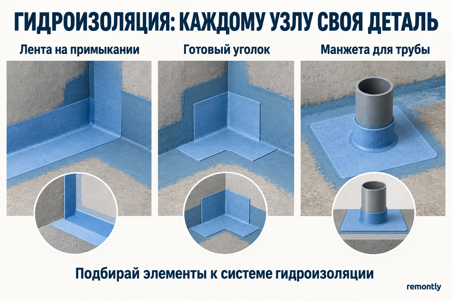 Лента на примыкании, готовый внутренний уголок и манжета вокруг трубы