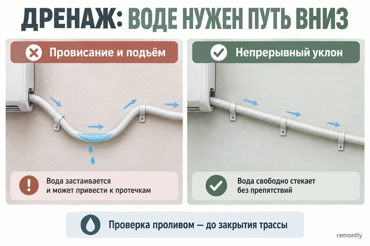 Провисающий шланг с подъёмом и самотёчный дренаж с непрерывным уклоном