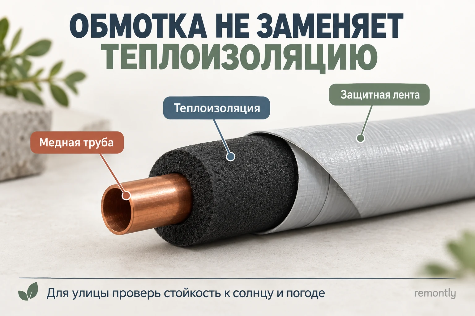 Разрез трубы: медь внутри, чёрная теплоизоляция и тонкая наружная защитная лента