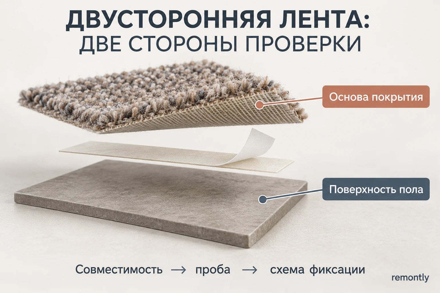 Двусторонняя лента между основой напольного покрытия и поверхностью пола