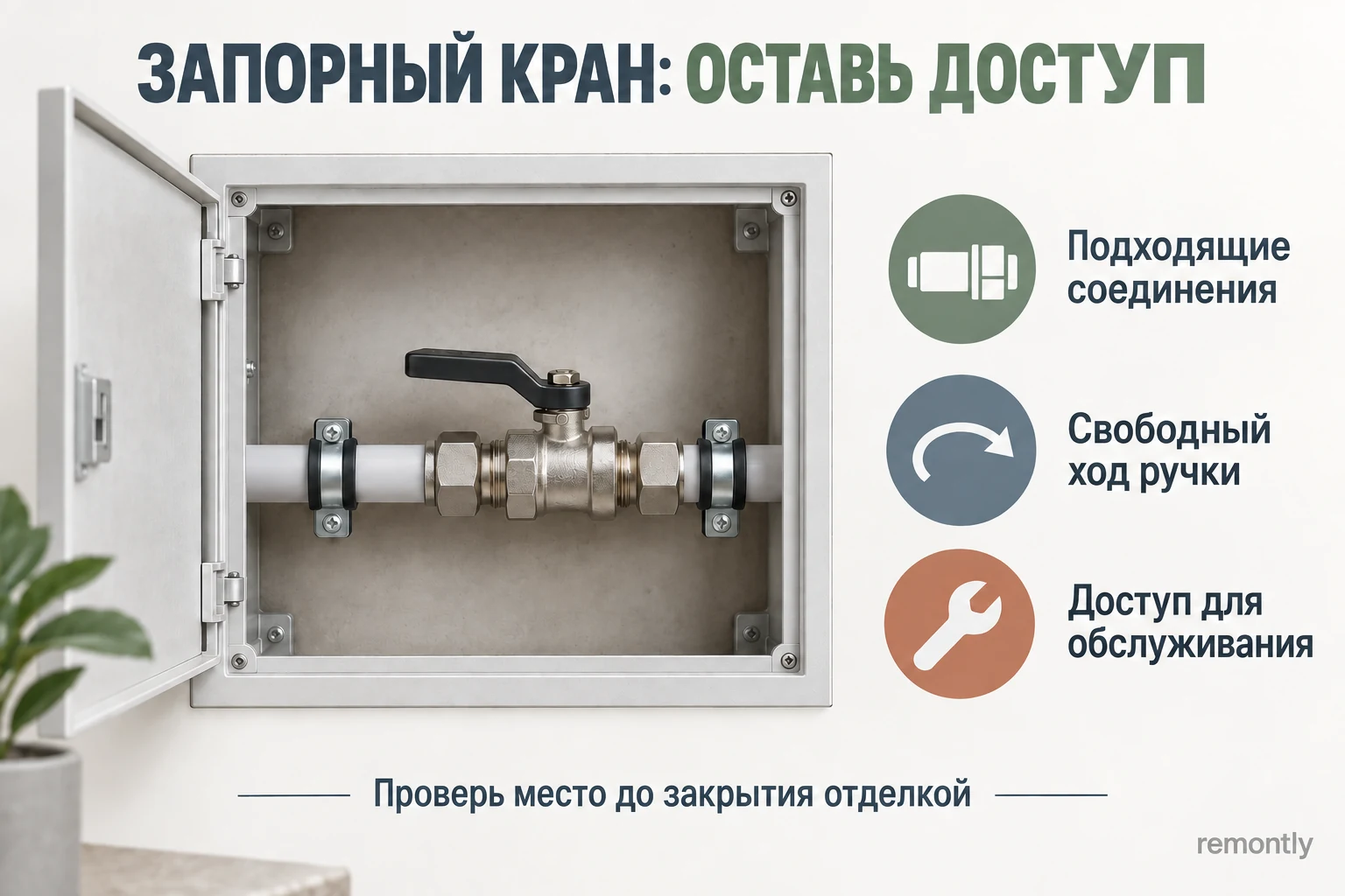 Запорный кран в доступном проёме и свободное пространство для поворота ручки