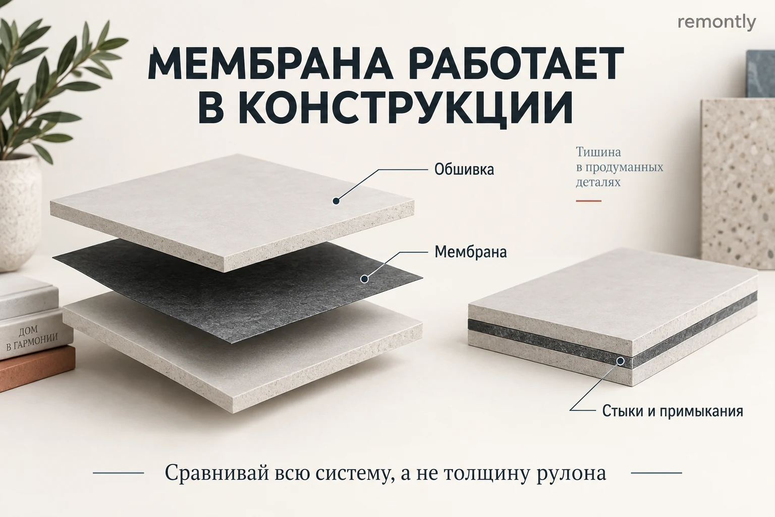 Мембрана между образцами жёсткой обшивки и отдельное внимание к стыкам