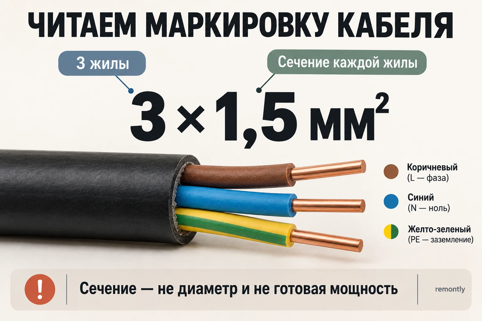 Обозначение 3 × 1,5 мм²: число жил и сечение каждой жилы