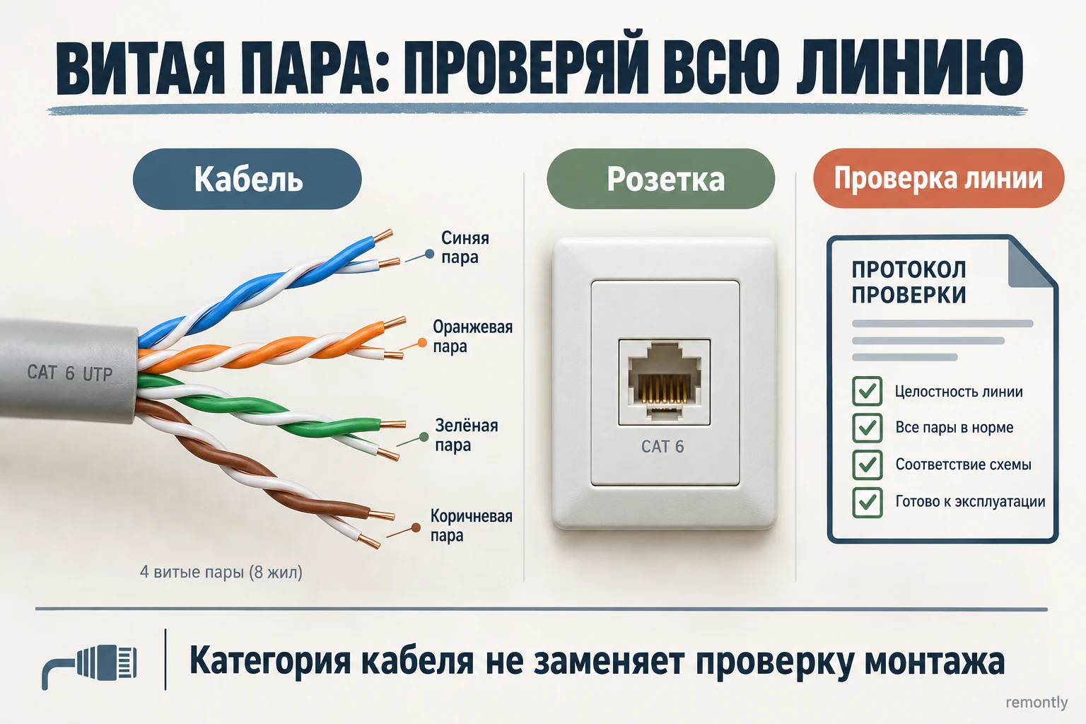 Кабель с витыми парами, сетевая розетка и проверка готовой линии