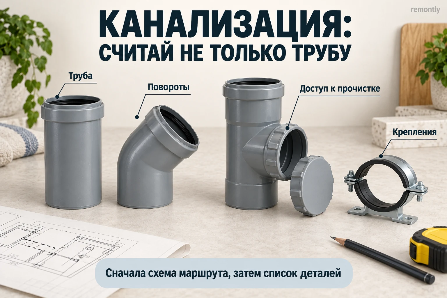 Отдельные элементы канализации: прямая труба, отвод, ревизия с крышкой и крепление