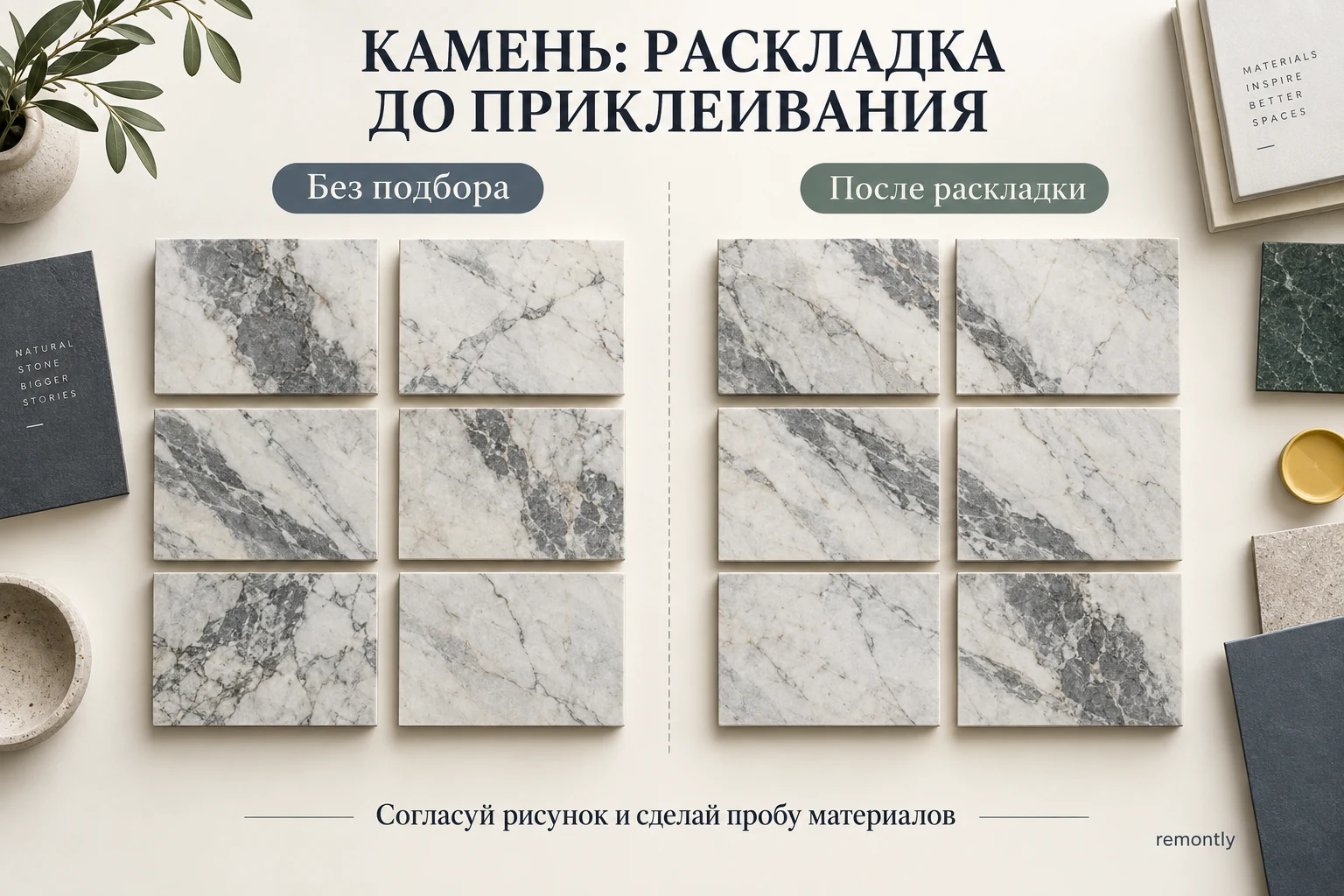 Две сухие раскладки свободных каменных образцов: без подбора и с распределением рисунка